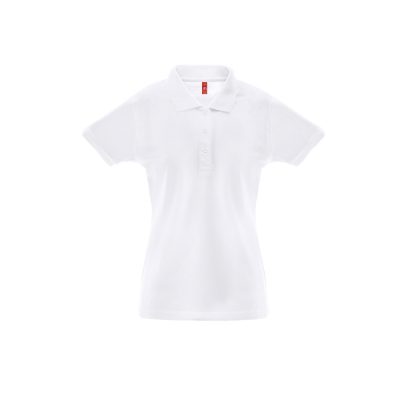 Polo de manga curta para mulher em malha piqué 35% algodão cardado e 65% poliéster (200 g/m²). Polo de corte cintado com gola e mangas em Rib