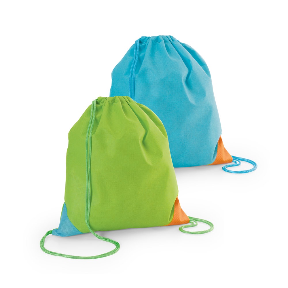 Saco tipo mochila em non-woven (80 m/g²) com cantos triangulares coloridos