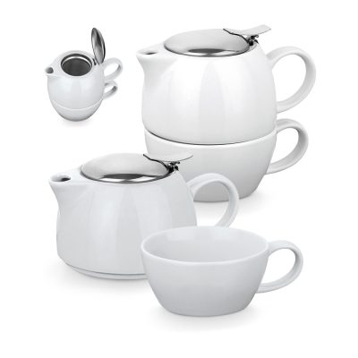 Conjunto de chá em cerâmica 2 em 1. O conjunto inclui bule com coador em aço inoxidável (430 ml) e caneca com capacidade até 260 ml