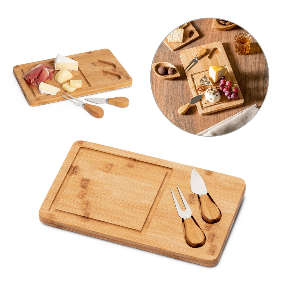 Tábua de queijos em bambu com 2 utensílios em bambu e aço inoxidável. Fornecido em caixa oferta de papel craft