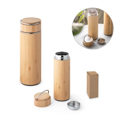 Garrafa térmica em bambu e aço inoxidável com parede dupla e isolamento a vácuo. Capacidade até 440 ml. Fornecido em caixa oferta de papel craft