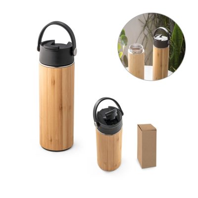 Garrafa em bambu em aço inoxidável e PP com corpo duplo e isolamento a vácuo. Tem capacidade até 440 ml. Fornecido em caixa oferta de papel craft