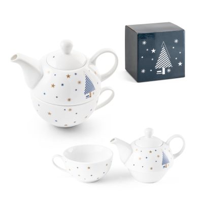 Conjunto de chá em porcelana com impressão natalícia. O bule tem capacidade até 430 ml e a chávena até 220 ml. Fornecido em caixa personalizada