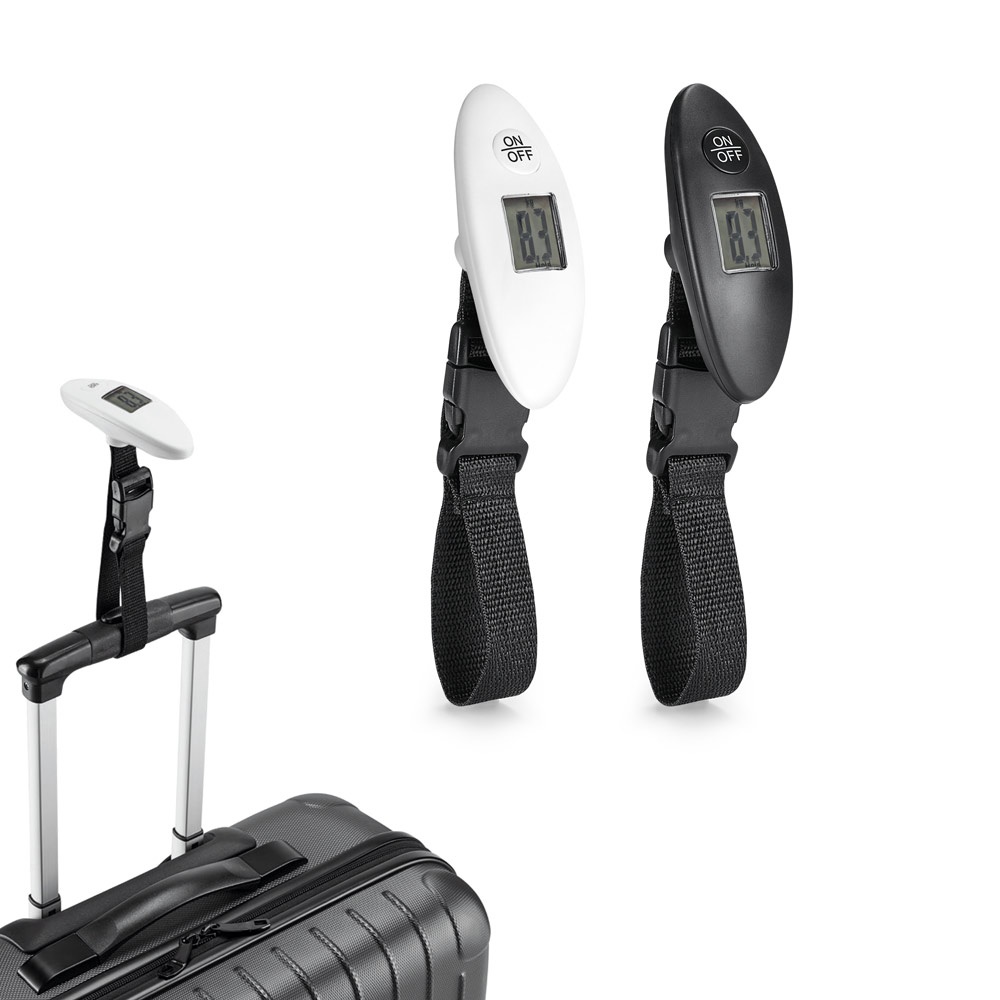 Mini balança digital em ABS para peso máximo de 40kg. Ideal para malas de viagem. Inclui 1 pilha CR2032