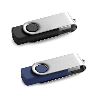 Pen Drive USB de 32 GB com acabamento em borracha e clipe em metal. Fornecida em caixa