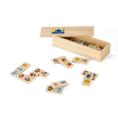 Jogo de dominó infantil em madeira com peças com figuras de animais. Fornecido em caixa de madeira personalizável