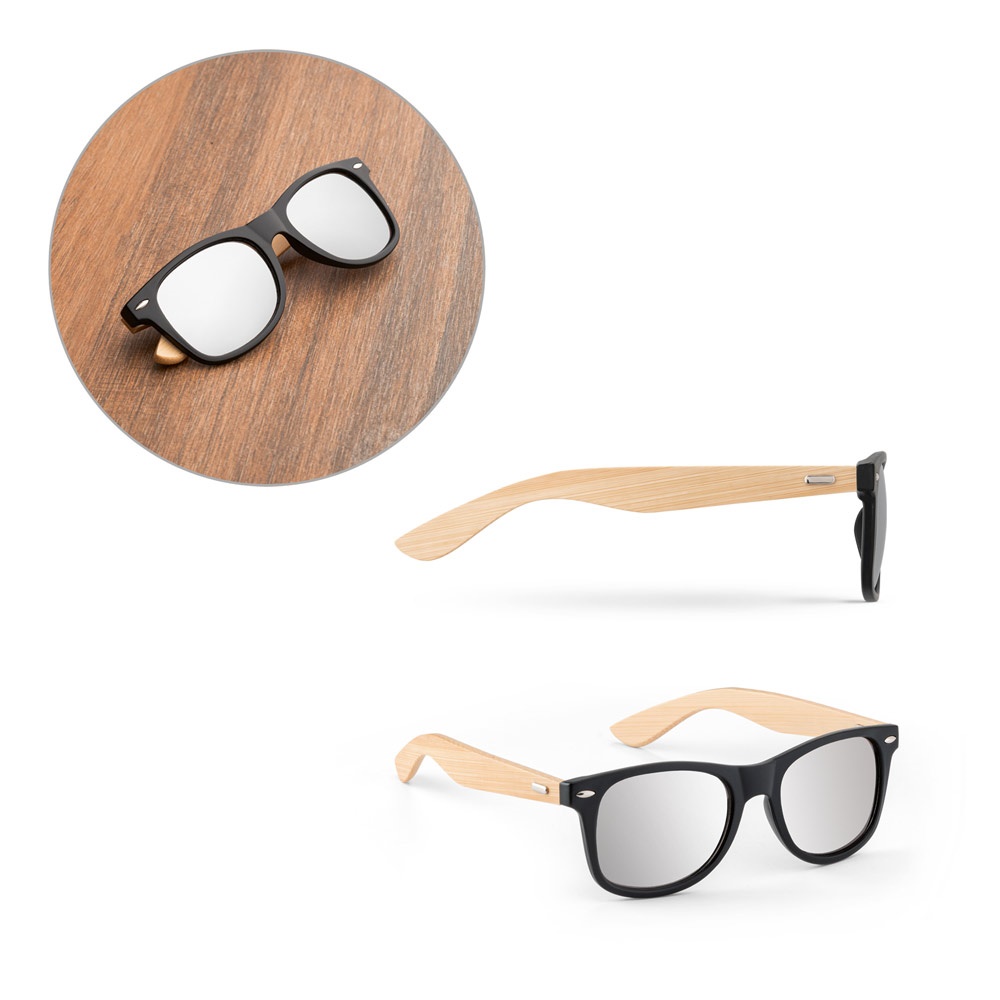 Óculos de sol com armação em PP e bambu. Lentes espelhadas de categoria 3 e UV400 de proteção. Em conformidade com as normas EN ISO 12312-1