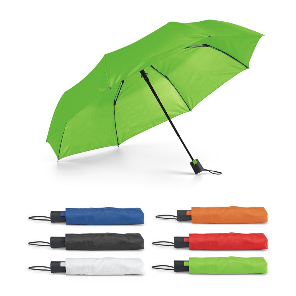 Guarda-chuva dobrável em poliéster 190T. O guarda-chuva é dobrável em 3 secções