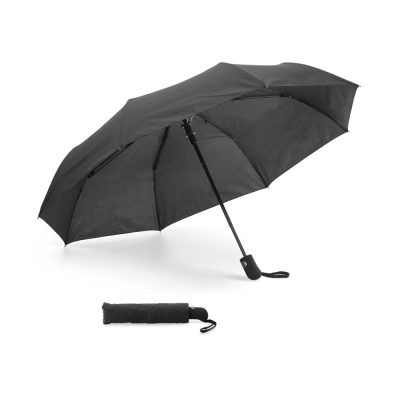 Guarda-chuva dobrável em pongee 190T e pega revestida a borracha. O guarda-chuva dobrável em 3 secções é à prova de vento e tem abertura automática. Fornecido em bolsa