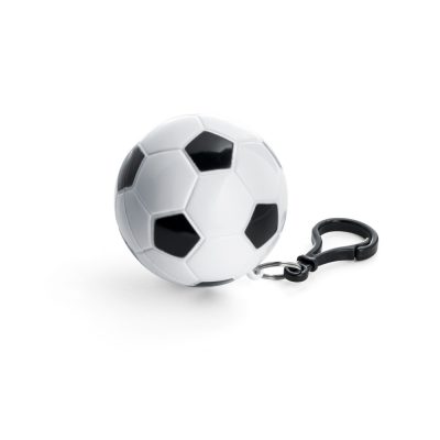Poncho impermeável de tamanho único. Fornecido dentro de embalagem em formato de bola de futebol com porta-chaves e mosquetão