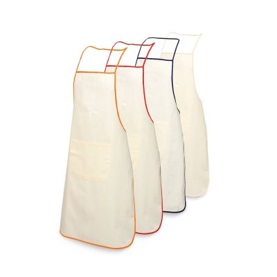 Avental em material macio 100% algodão em cor cru com detalhes coloridos. Avental com 1 bolso frontal e cordões de ajuste